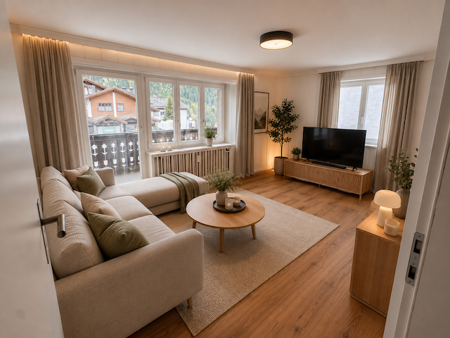 Virtuell möblierter heller Wohnbereich der Wohnung in Sedrun